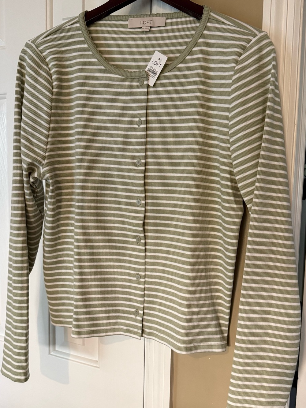 LOFT Striped Scalloped Ribbed Cardigan Brushed Sage Size XL NWT MSRP $60 - Picture 4 of 12